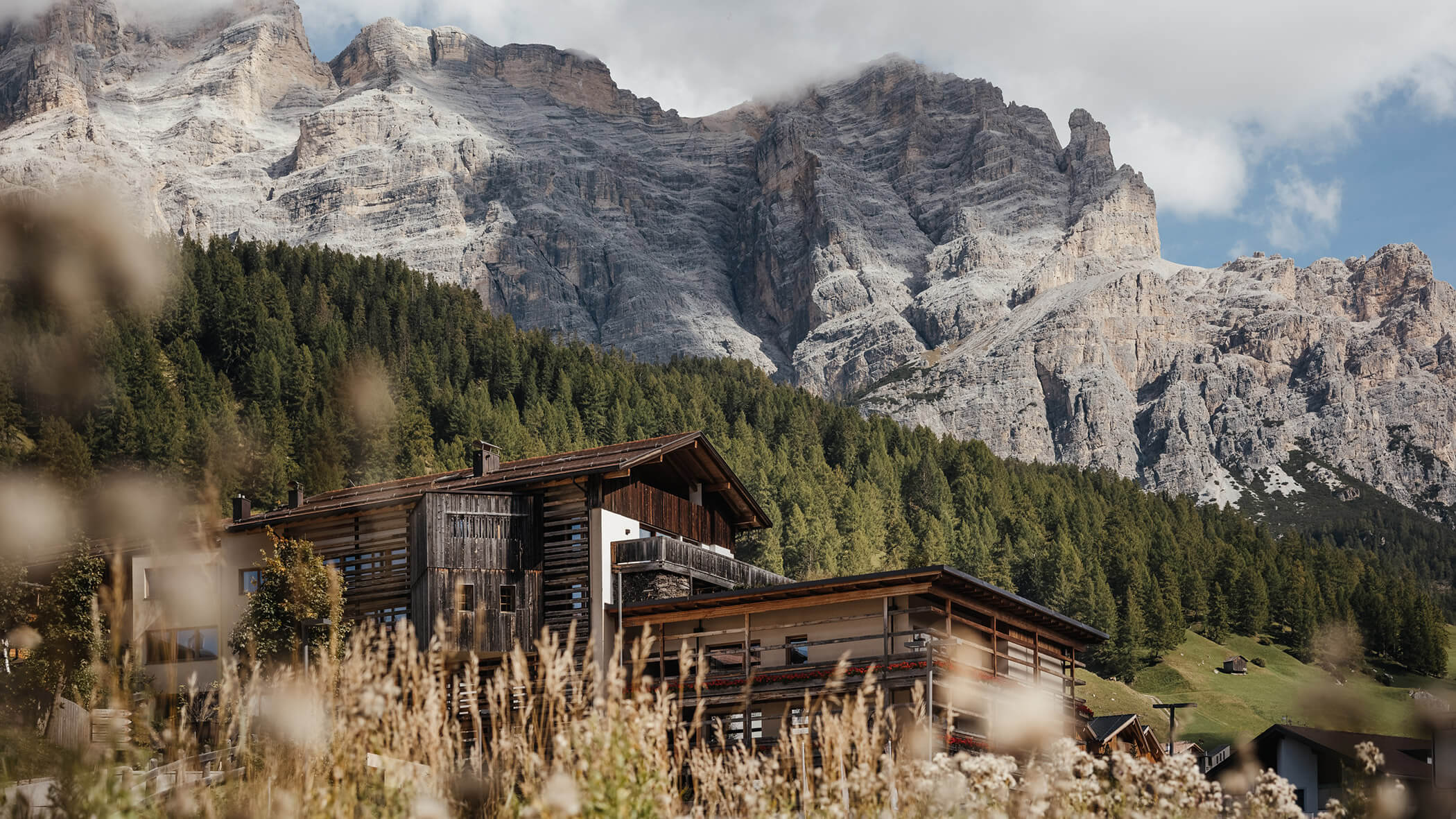Cabine di legno circondate da erba e alberi, con alte montagne rocciose sullo sfondo sotto un cielo nuvoloso. - Lagacio Hotel Mountain Residence
